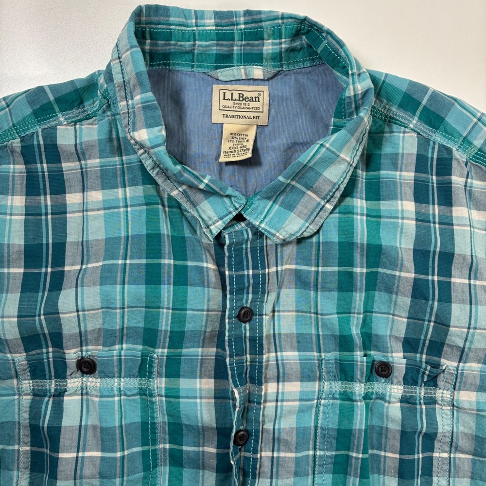 LL Bean Linen Blend Hiking Shirt 3XL Teal Blue Plaid Tencel Blend Fishing